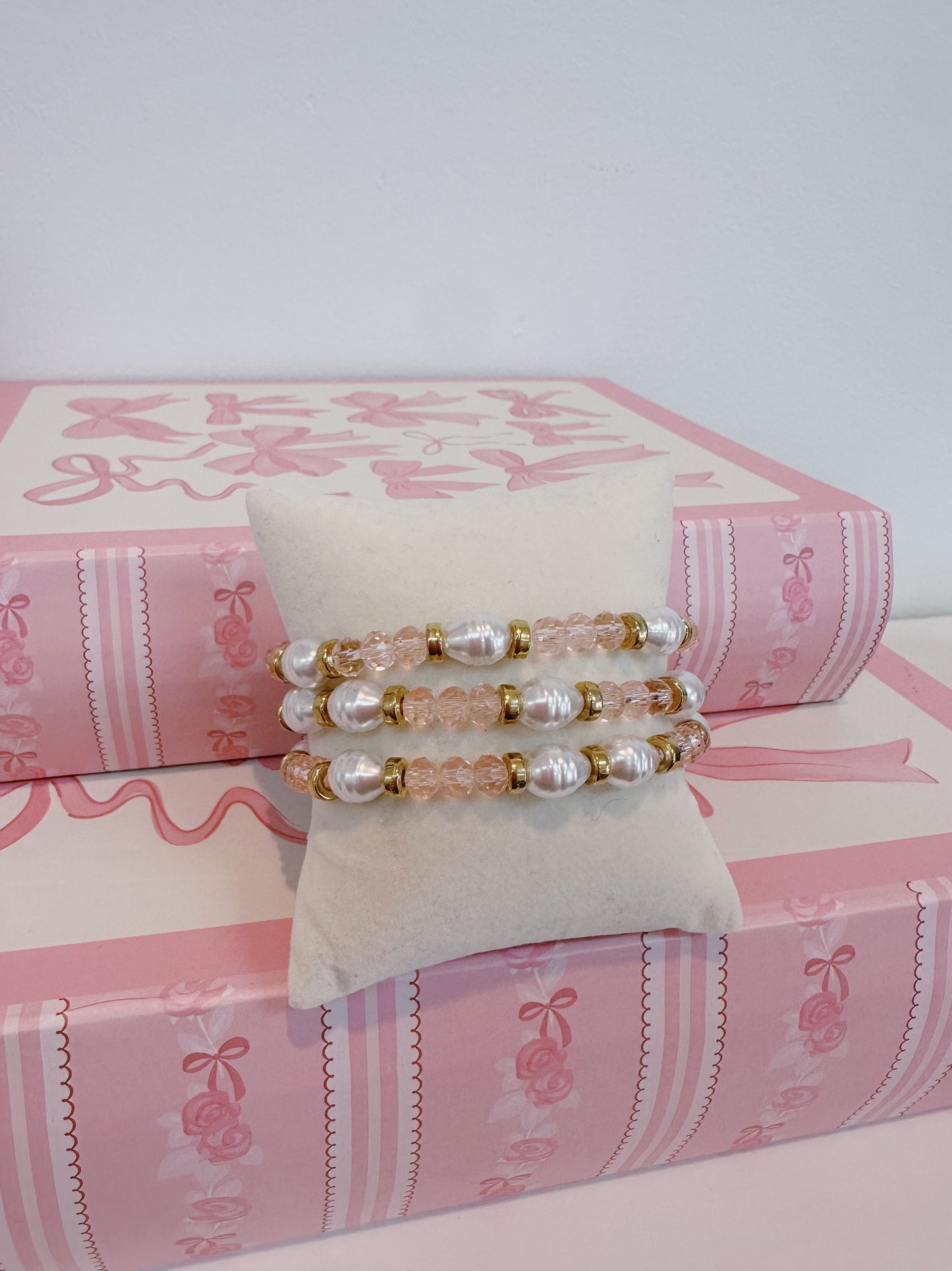 Blush Crystal & Pearl Stretch Bracelet Set
