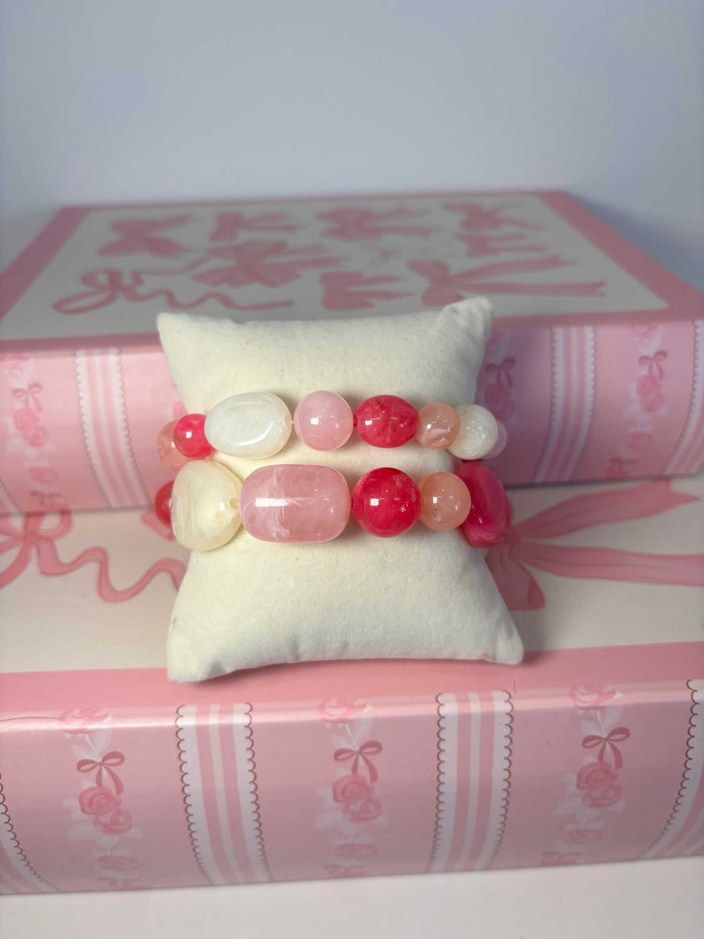 Pink and Cream Stone Stretch Bracelet Stack