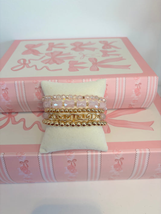 Pink Crystal and Gold Bracelet Stack