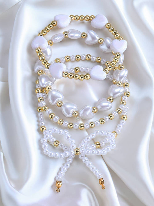 Bow Knot Heart Shape Faux Pearl Beaded Bracelet Set