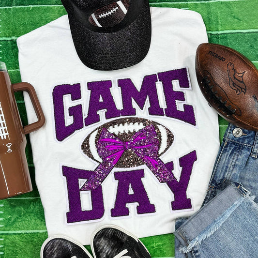 Purple Chenille Football Game Day with Sequin Bow Patch tee