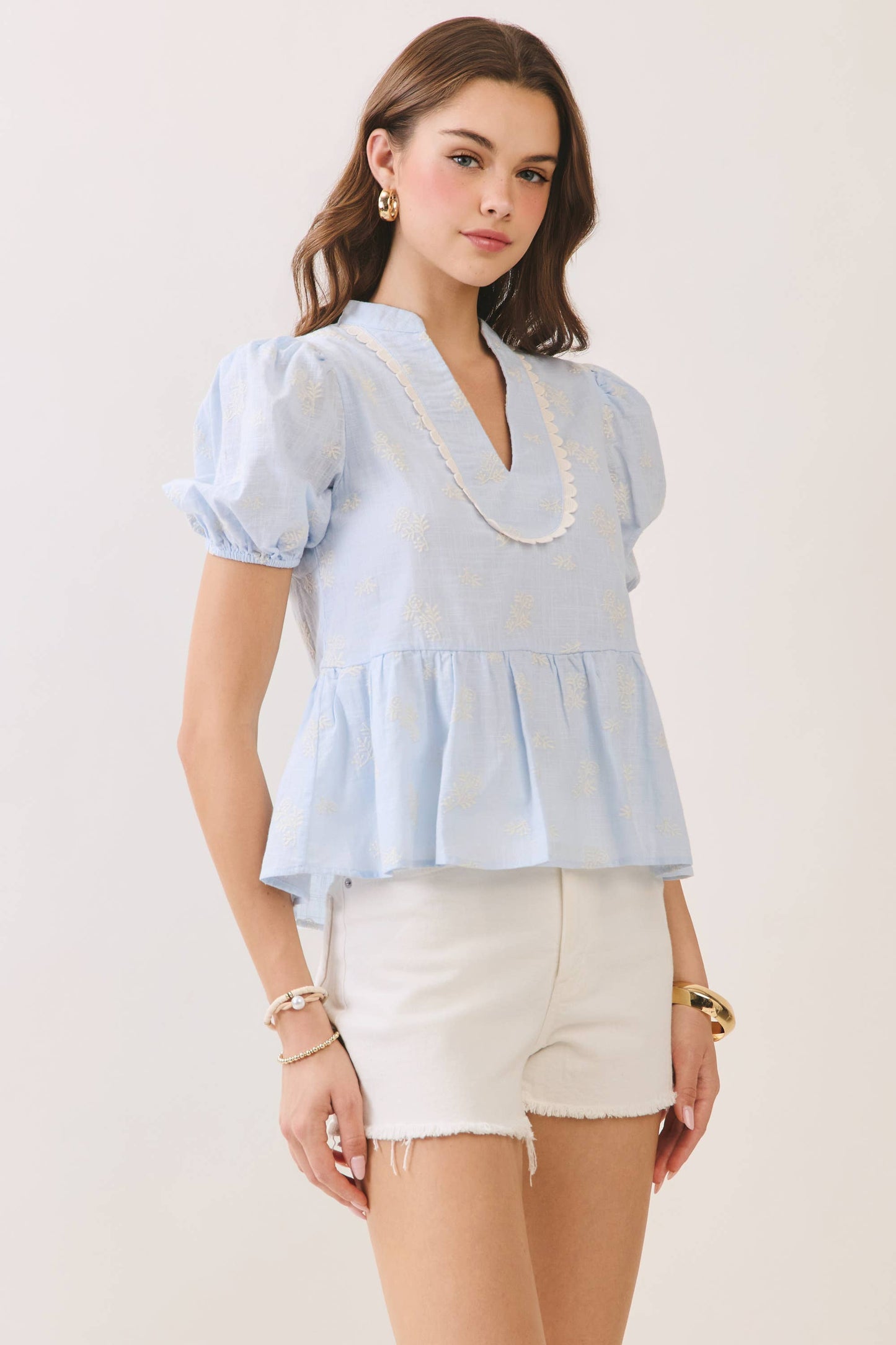 Printed Split Neck Peplum Puff Sleeve Top