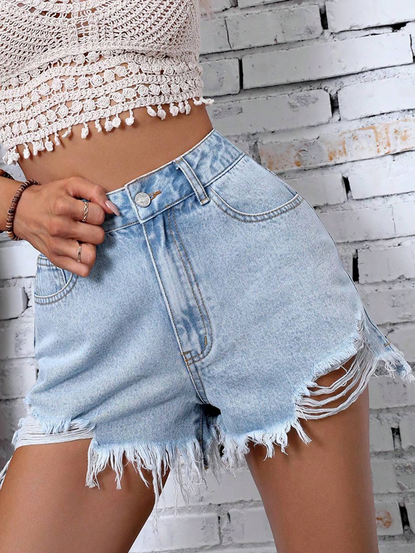 High-Waisted Distressed Denim Shorts