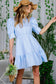 Collared Short Puff Sleeve Strip Print Mini Dress VD82293