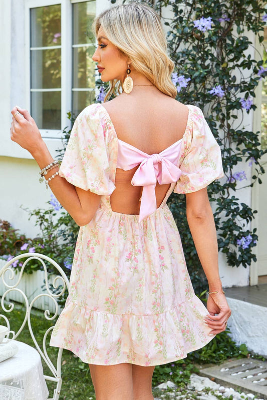 Floral Puff Sleeve Square Neck Knot Open Back Mini Dress