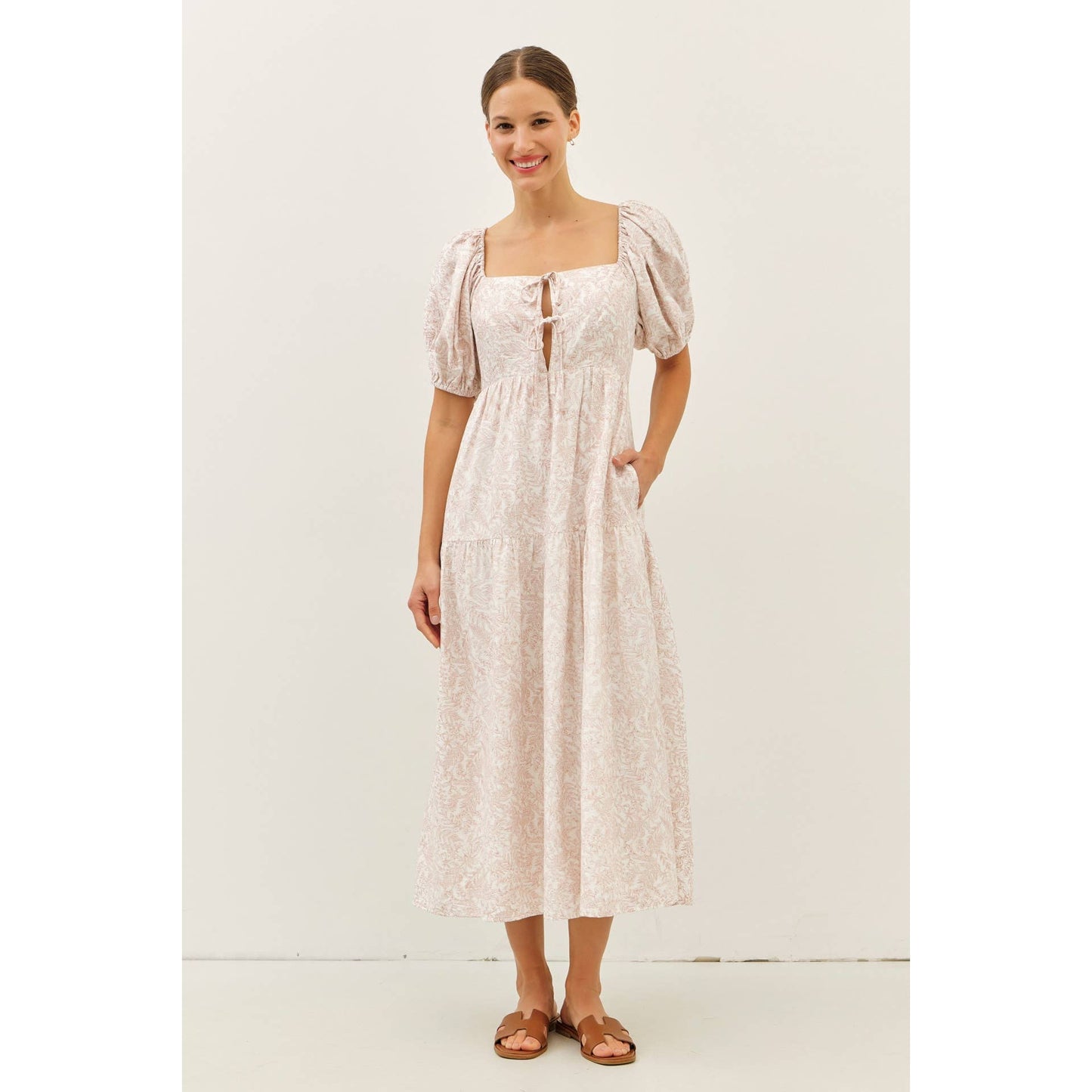 SOFT RAYON BLEND TOILE PRINT BABYDOLL MIDI DRESS