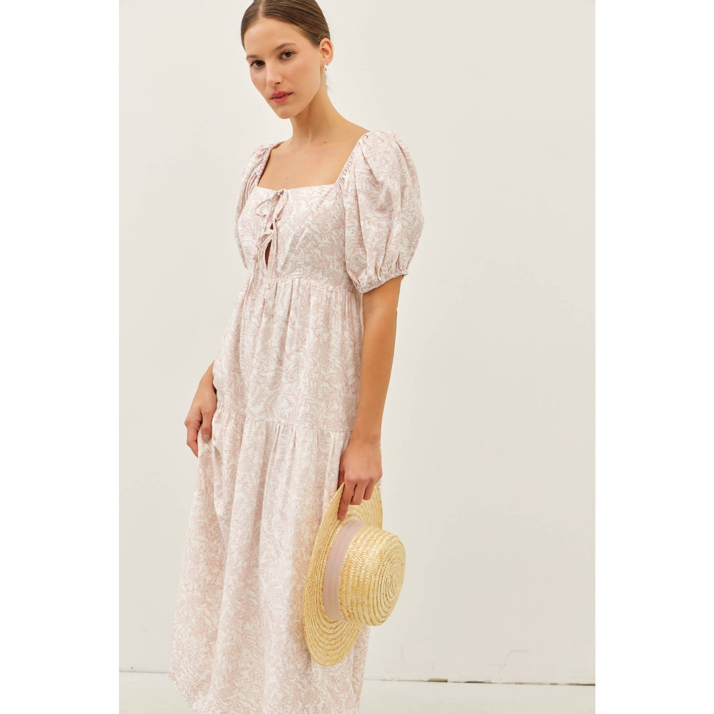 SOFT RAYON BLEND TOILE PRINT BABYDOLL MIDI DRESS