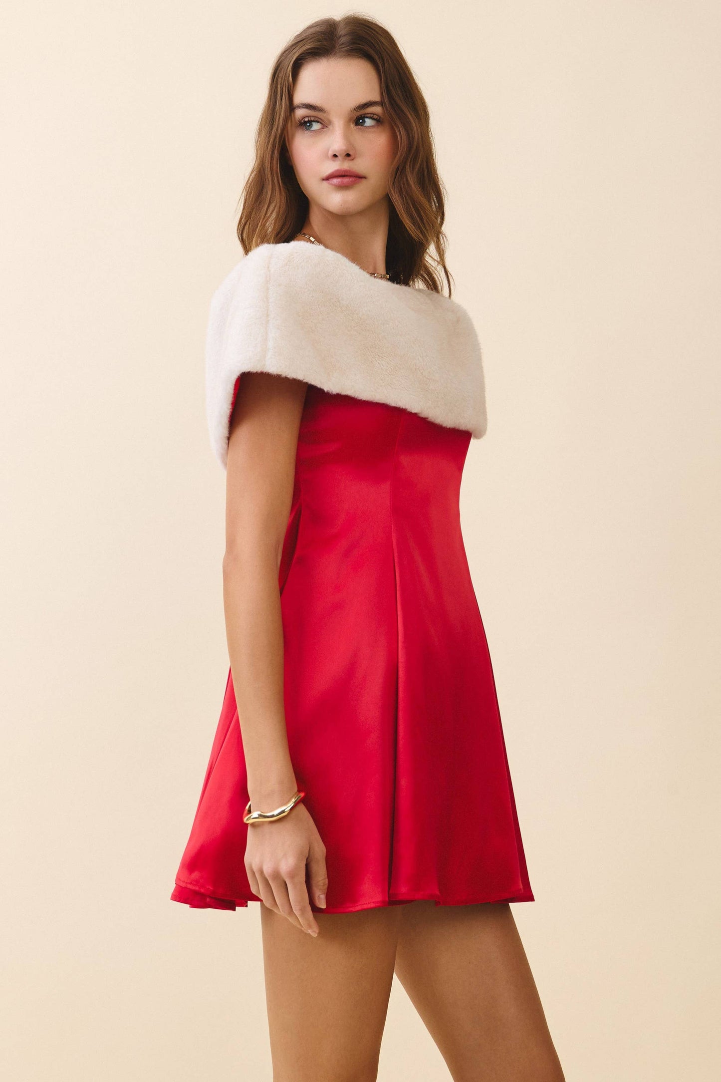 A Line Off The Shoulder Faux Fur Detail Mini Dress