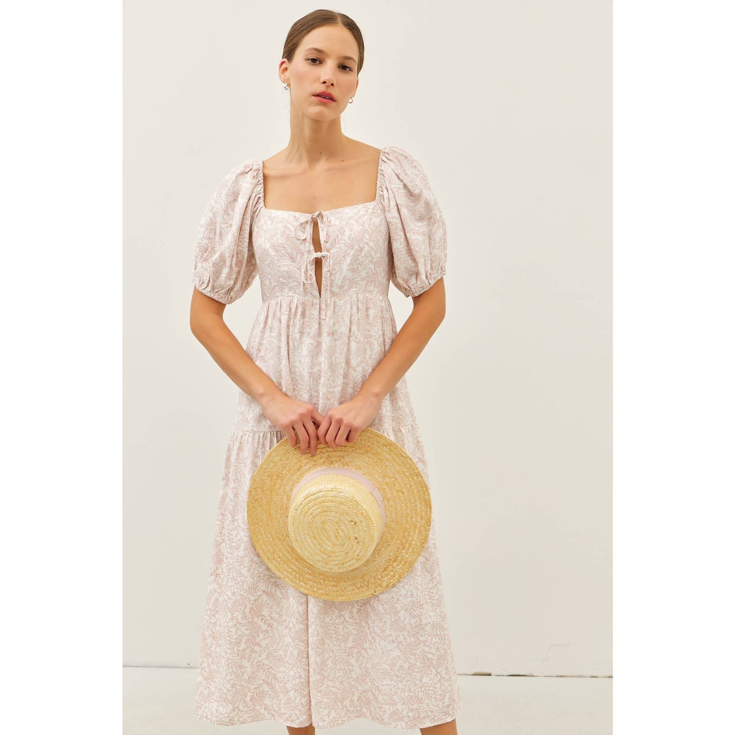 SOFT RAYON BLEND TOILE PRINT BABYDOLL MIDI DRESS