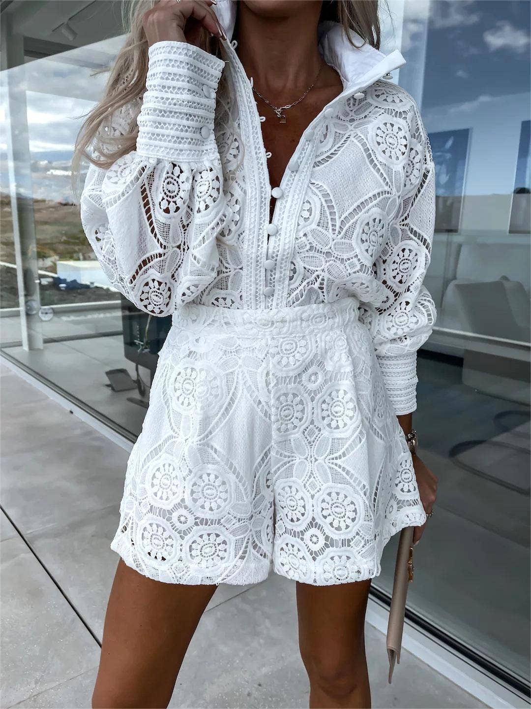 Cut out top lace shorts sets