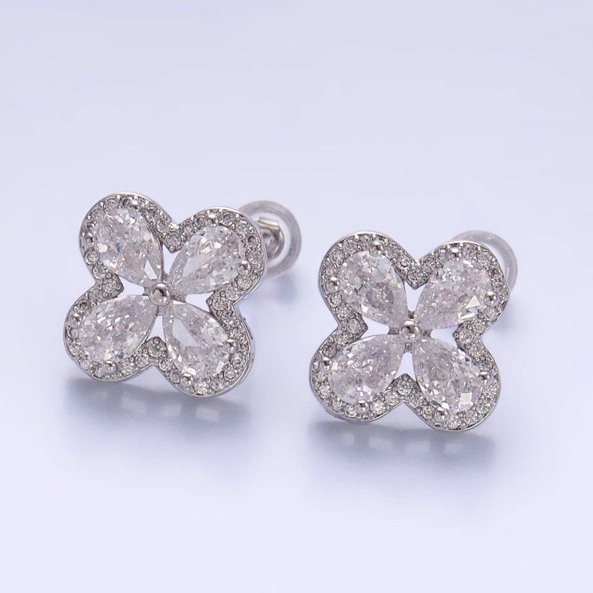 24K Gold Filled Clear CZ Crystal Clover Stud Earrings