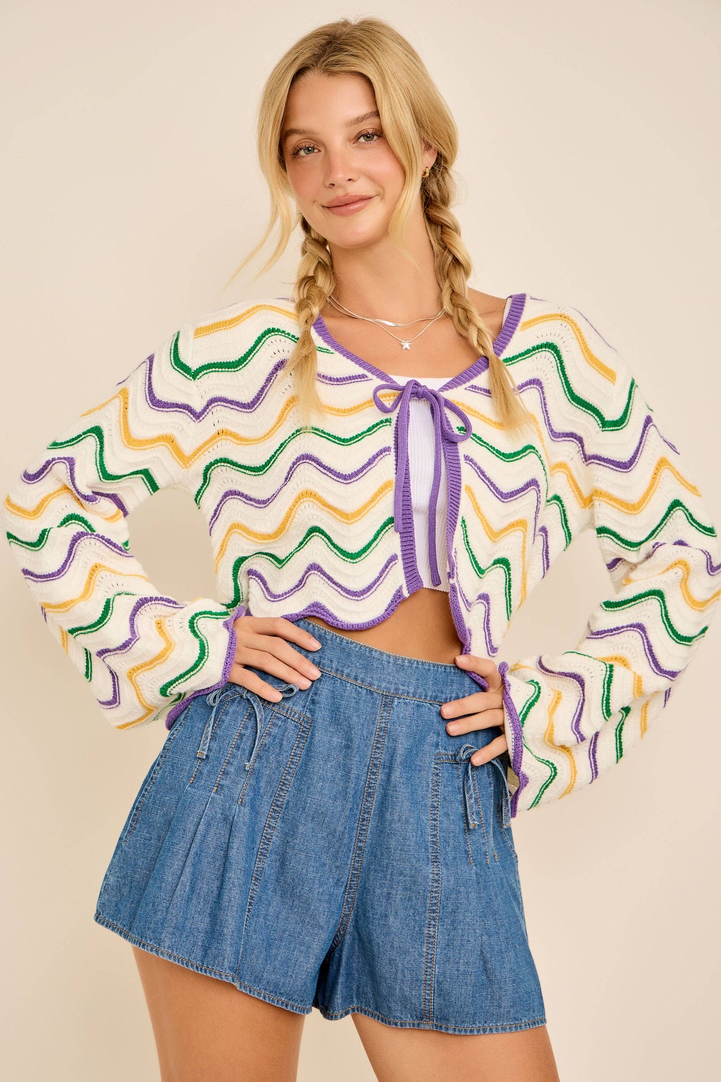 Mardi Gras Wave Stripe Tie Cardigan – Festive Knit