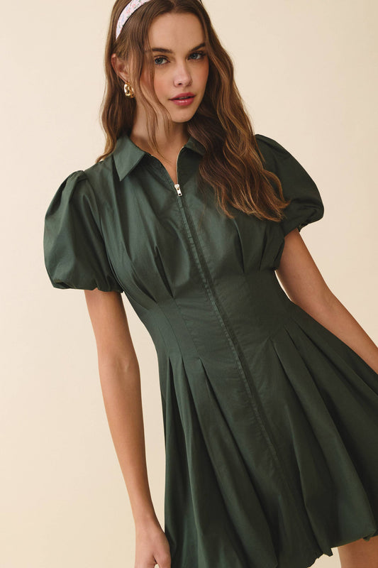 Fit and Flare Zipper Front Bubble Sleeves Dress