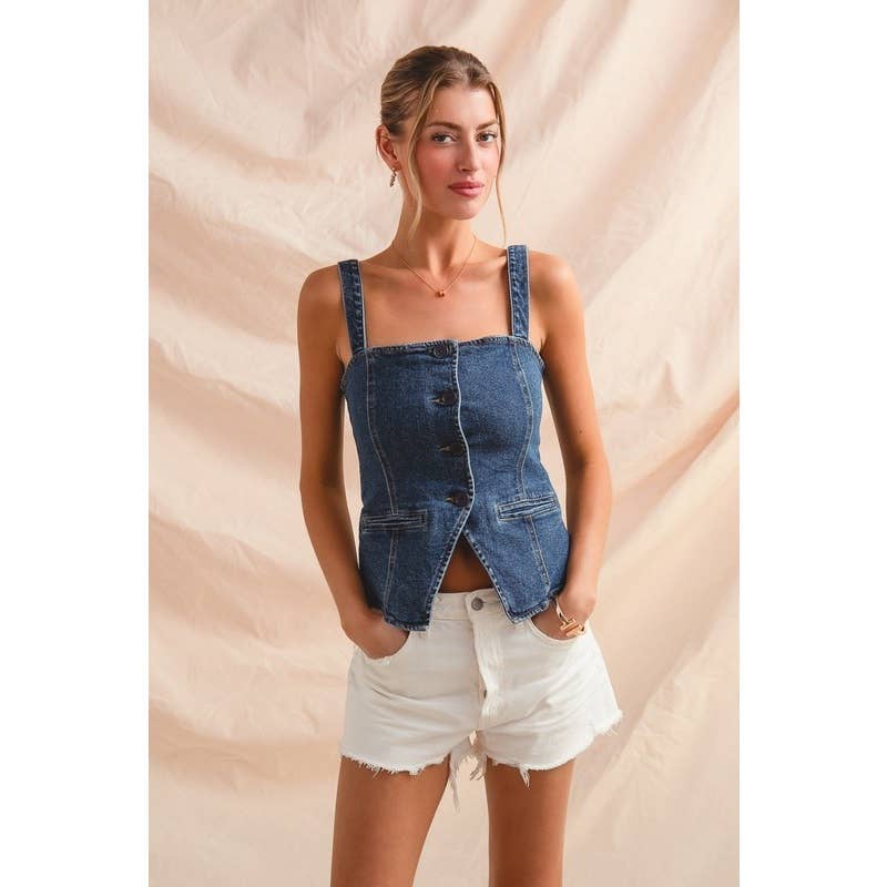 BUTTON DOWN FITTED SLEEVELESS DENIM TOP