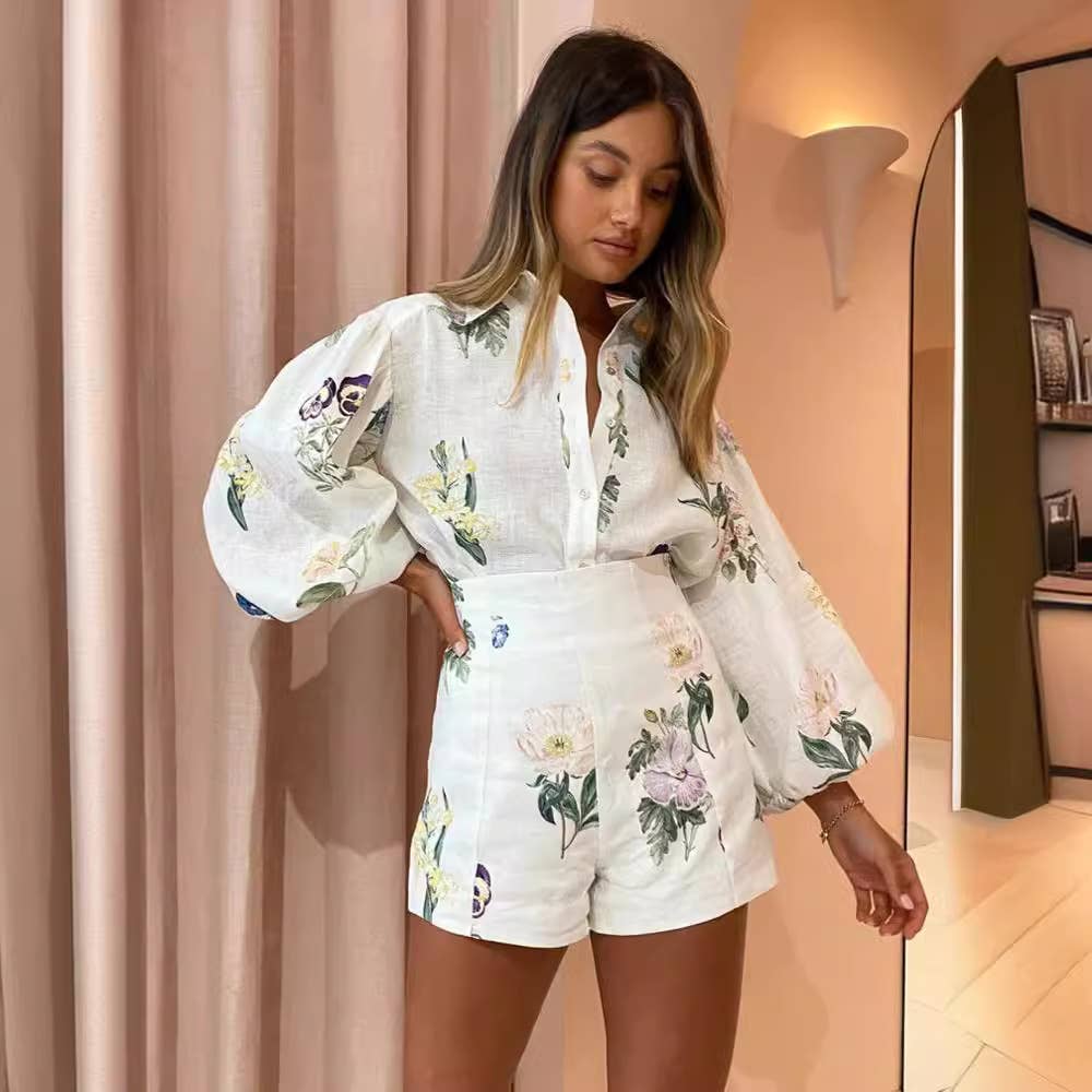 Printed Linen Shirt & High Waist Shorts Set