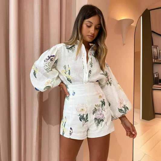 Printed Linen Shirt & High Waist Shorts Set