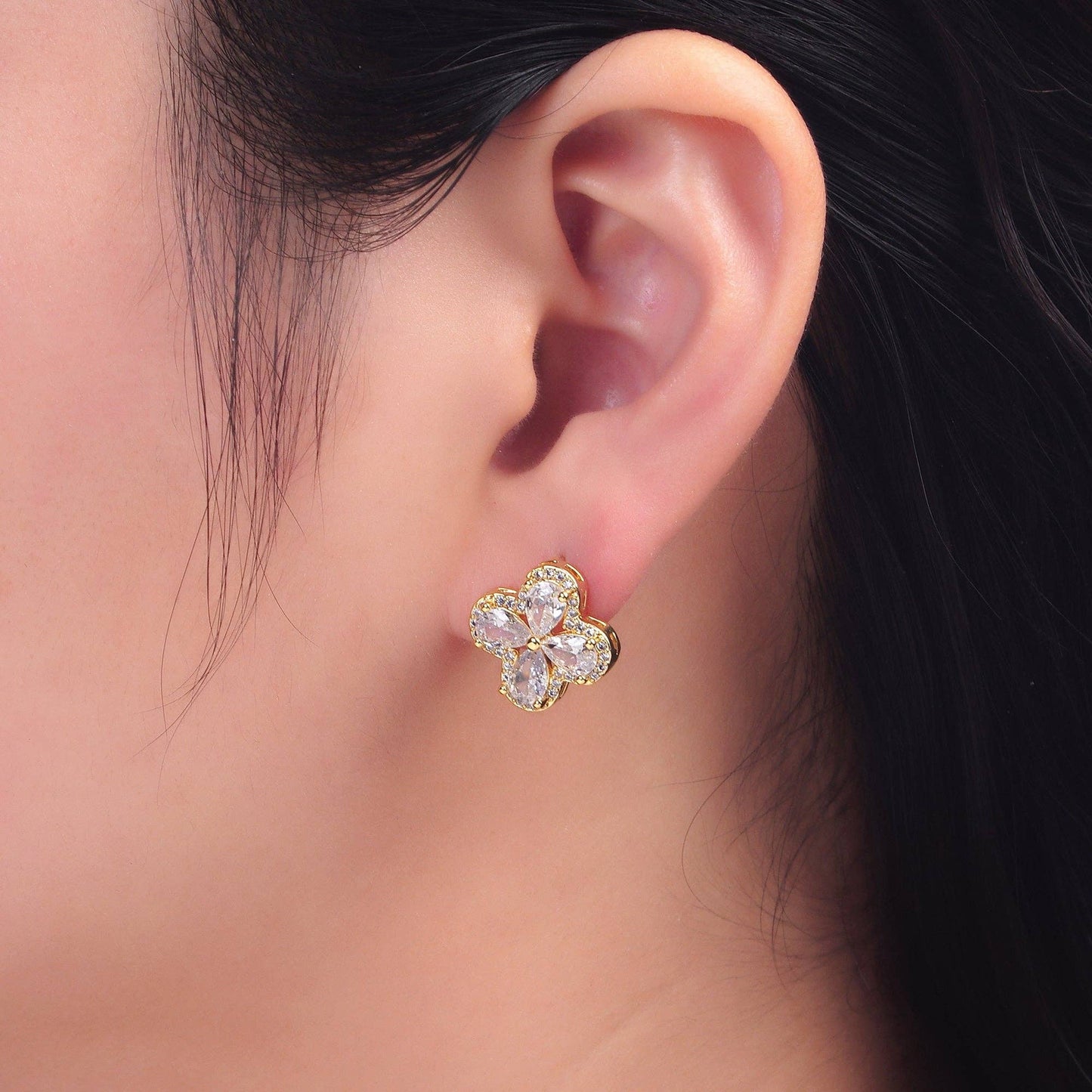 24K Gold Filled Clear CZ Crystal Clover Stud Earrings