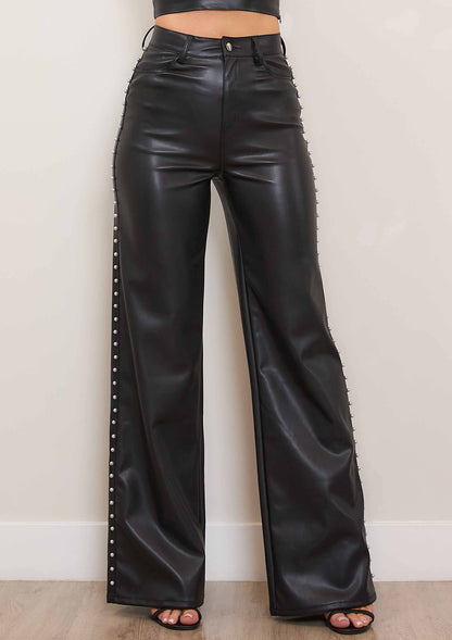 Vegan Leather Wide Leg Pants With Pearl