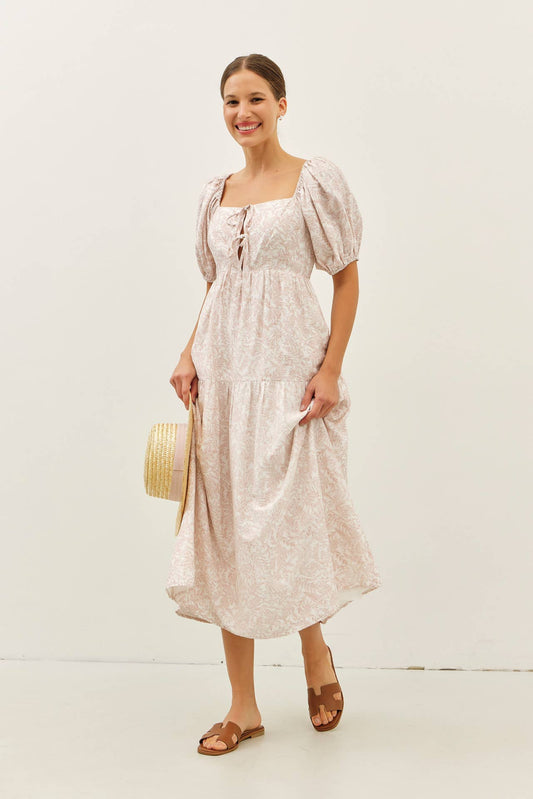 SOFT RAYON BLEND TOILE PRINT BABYDOLL MIDI DRESS