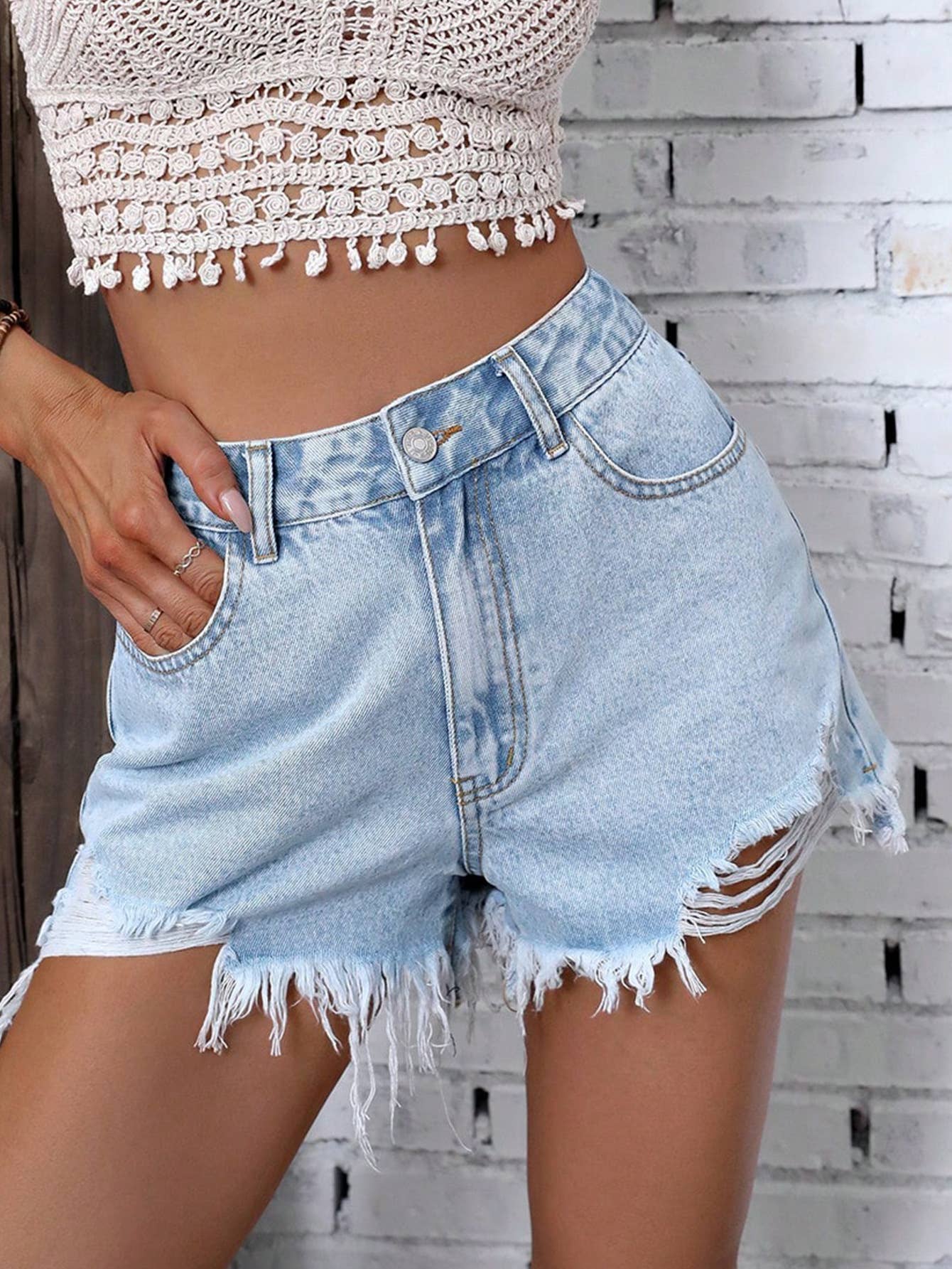 High-Waisted Distressed Denim Shorts