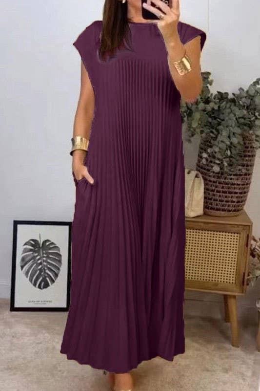 Pleated maxi flare swing dress Loose A-line tee dress