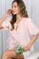 1/3 Open Tie Front Striped Puff Sleeve Blouse Top VT82682